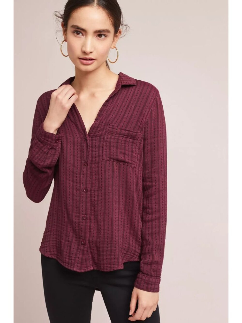 Cloth & Stone Marooon & Black Striped Button-Up Collared Shirt, Size S